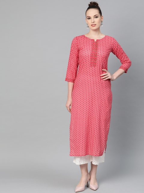 

Nayo Women Pink & Green Printed Straight Kurta