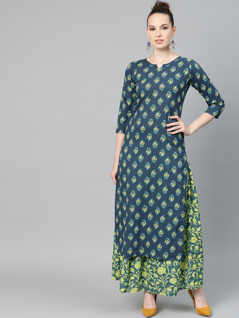 

Nayo Women Navy Blue & Green Printed Kurta with Skirt