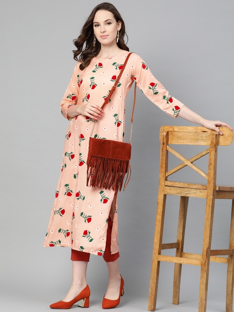 

Nayo Women Peach-Coloured & Red Floral Printed Straight Kurta