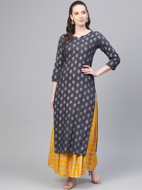 

Nayo Women Navy Blue Printed Kurta with Skirt