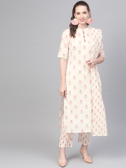 

Nayo Women Off-White & Pink Ikat Print Kurta with Trousers & Dupatta