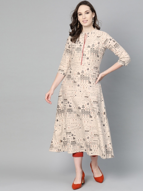 

Nayo Women Cream-Coloured & Black Printed A-Line Kurta