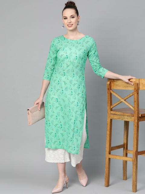 

Nayo Women Green & Golden Floral Print Straight Kurta