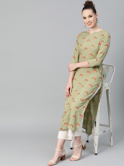 

Nayo Women Green & Orange Printed Straight Kurta