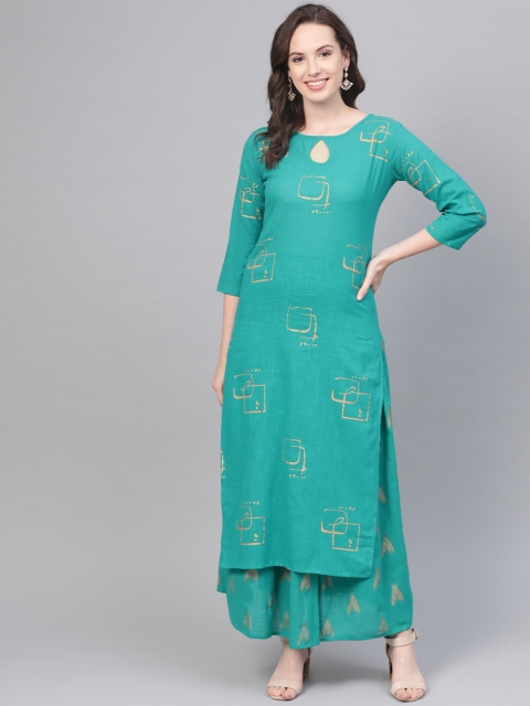 

Nayo Women Sea Green & Golden Printed Kurta with Palazzos