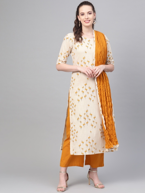 

Nayo Women Off-White & Mustard Yellow Printed Kurta with Palazzos & Dupatta