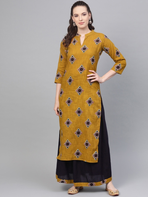 

Nayo Women Mustard Yellow & Navy Blue Printed Kurta with Skirt