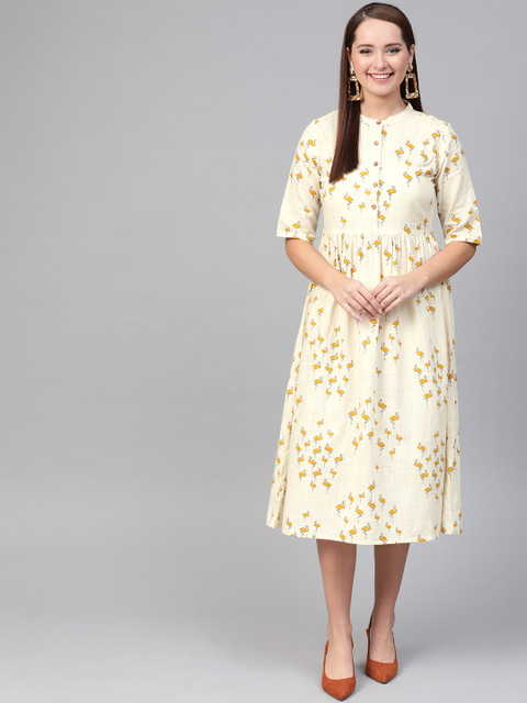 

Nayo Women Off-White & Mustard Yellow Printed A-Line Dress