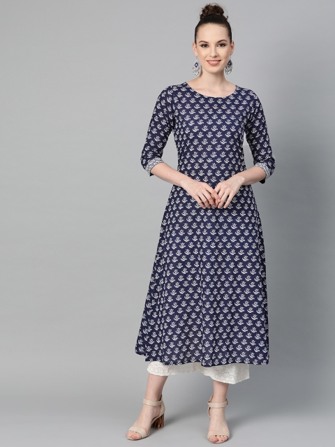 

Nayo Women Navy Blue & White Printed A-Line Kurta