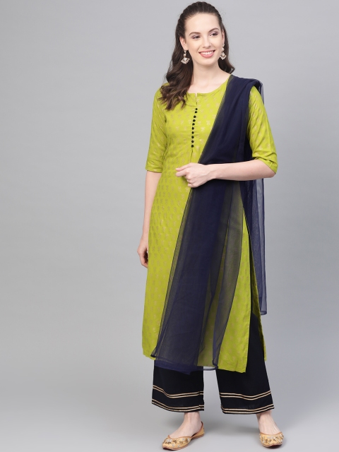 

Nayo Women Green & Navy Blue Printed Kurta with Palazzos & Dupatta