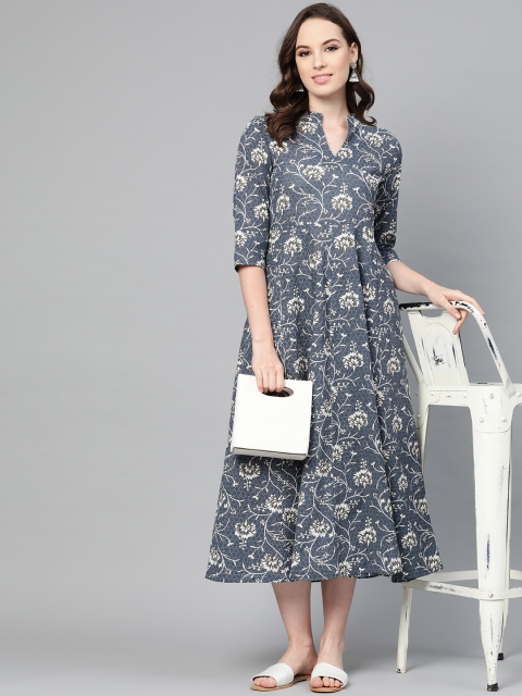 

Nayo Women Blue & Off-White Floral Printed A-Line Dress