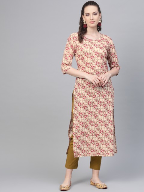 

Nayo Women Cream-Coloured & Olive Green Printed Kurta with Trousers