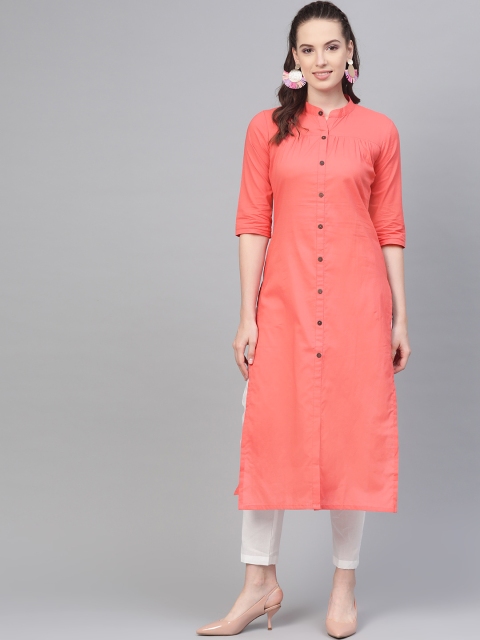 

Nayo Women Coral Pink & White Solid Kurta with Trousers