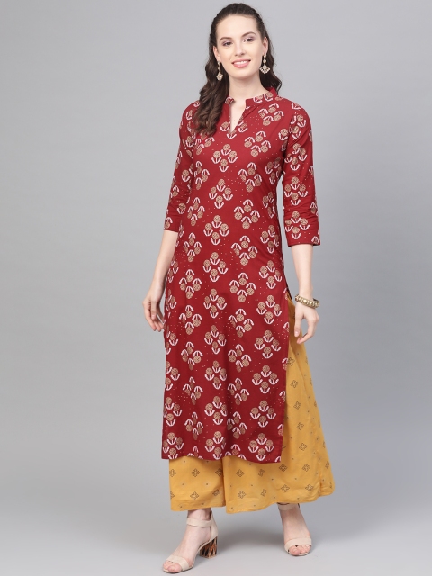 

Nayo Women Red & Mustard Yellow Printed Kurta with Skirt