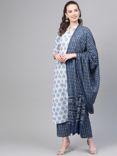 

Nayo Women White & Blue Printed Kurta with Palazzos & Dupatta