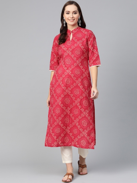 

Nayo Women Red & Cream-Coloured Bandhani Print Kurta with Trousers