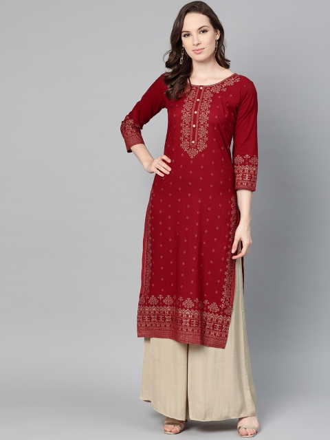 

Nayo Women Maroon & Golden Printed Straight Kurta