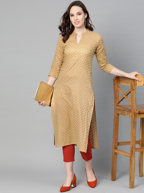 

Nayo Women Beige & Maroon Printed Straight Kurta