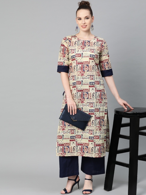 

Nayo Women Cream-Coloured & Navy Blue Printed Kurta with Palazzos