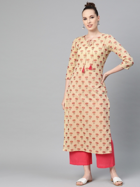 

Nayo Women Cream-Coloured & Magenta Printed Straight Kurta