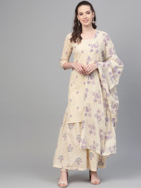 

Nayo Women Off-White & Lavender Printed Kurta with Sharara & Dupatta