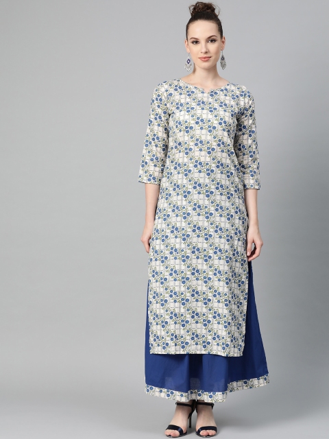 

Nayo Women Off-White & Blue Printed Kurta with Skirt