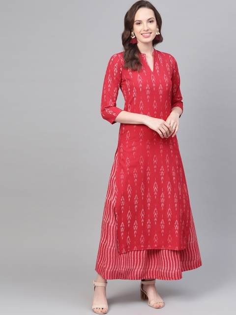 

Nayo Women Red & White Ikat Printed Kurta with Skirt