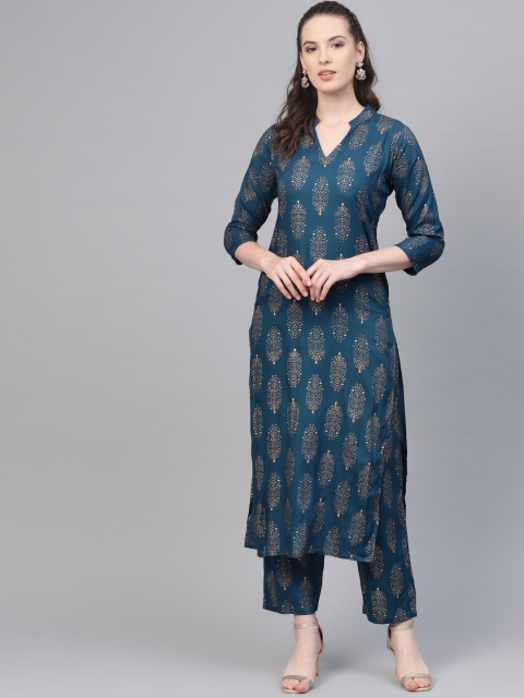 

Nayo Women Teal Blue & Golden Printed Kurta with Trousers