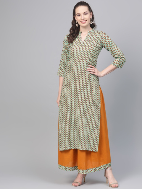 

Nayo Women Green & Mustard Yellow Printed Kurta with Skirt