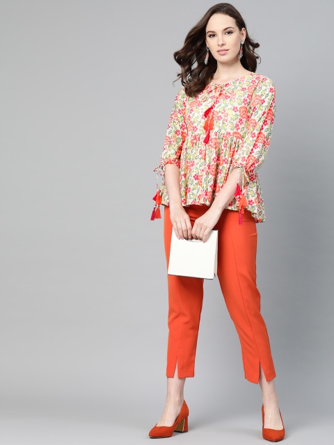 

Nayo Women Cream-Coloured & Orange Floral Print A-Line Top