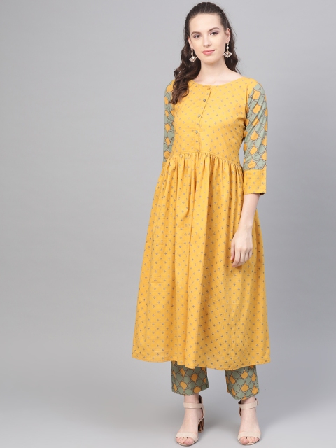

Nayo Women Mustard Yellow & Green Printed Kurta with Trousers