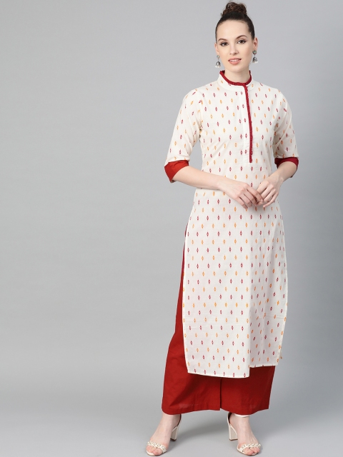 

Nayo Women Cream-Coloured & Maroon Printed Kurta with Palazzos