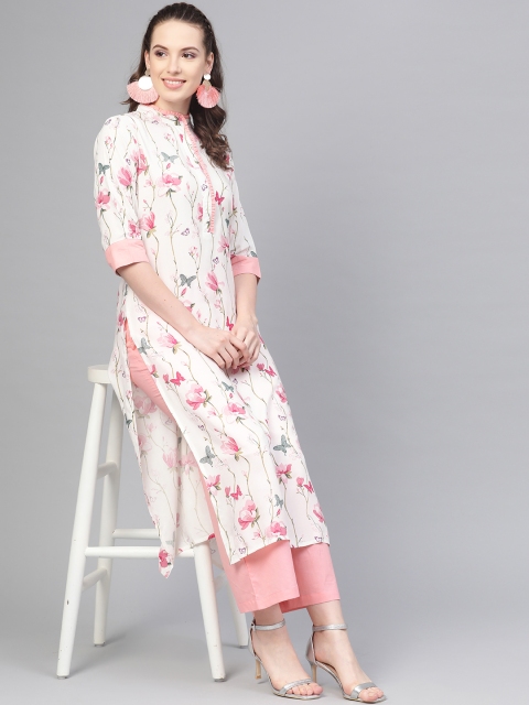 

Nayo Women Off-White & Pink Printed Kurta with Palazzos