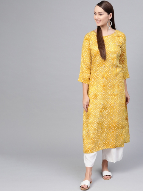 

AASI - HOUSE OF NAYO Women Mustard Yellow & Off-White Bandhani Print Straight Kurta