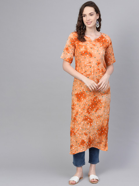

AASI - HOUSE OF NAYO Women Rust Orange & Green Bandhani Print Straight Kurta