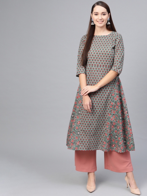 

AASI - HOUSE OF NAYO Women Green & Pink Printed A-Line Kurta