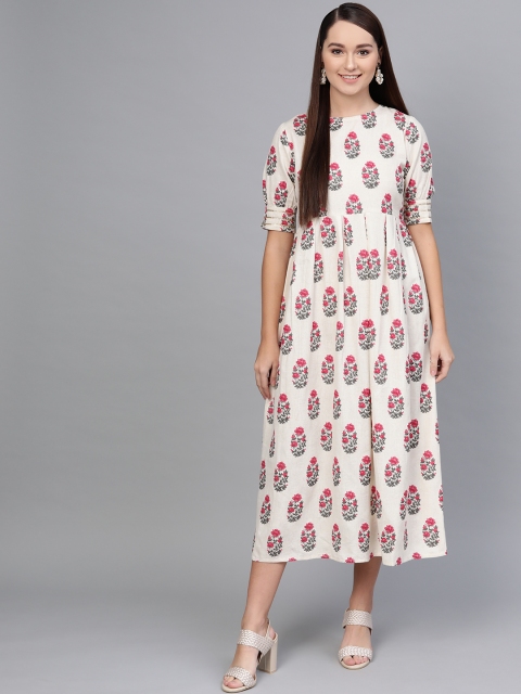

AASI - HOUSE OF NAYO Women Off-White & Pink Floral Printed A-Line Dress