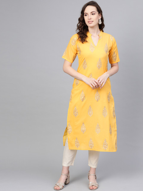 

AASI - HOUSE OF NAYO Women Yellow & White Printed Straight Kurta