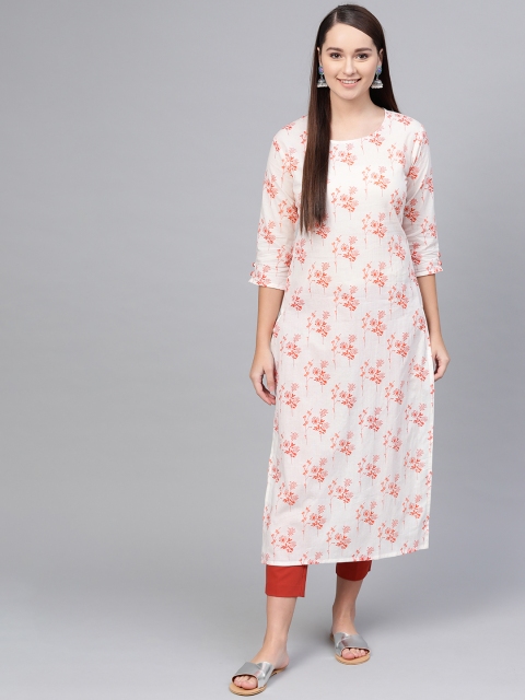 

AASI - HOUSE OF NAYO Women Off-White & Orange Printed Straight Kurta