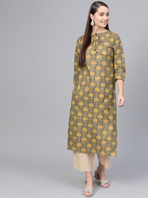 

AASI - HOUSE OF NAYO Women Green & Mustard Yellow Printed Straight Kurta