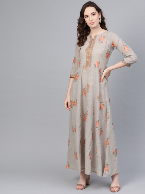 

AASI - HOUSE OF NAYO Women Grey & Peach-Coloured Printed Maxi Dress