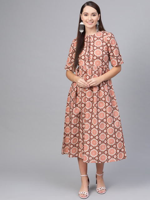 

AASI - HOUSE OF NAYO Women Peach-Coloured & Brown Printed Maxi Dress