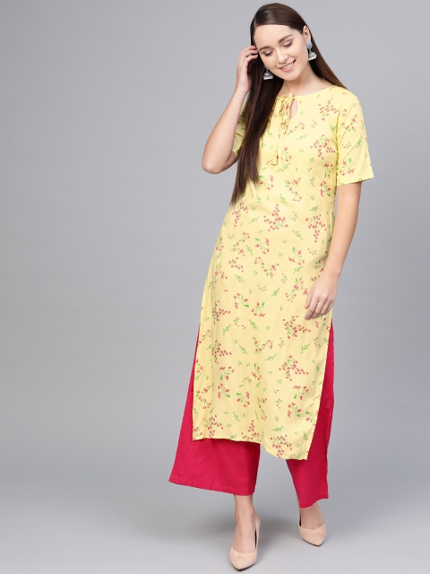 

AASI - HOUSE OF NAYO Women Yellow & Green Floral Print Straight Kurta