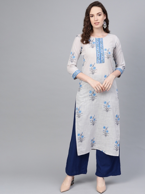 

AASI - HOUSE OF NAYO Women Grey & Blue Floral Printed Straight Kurta