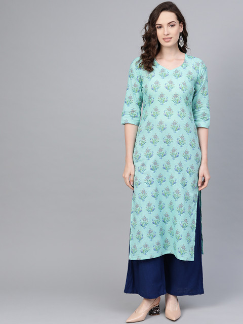 

AASI - HOUSE OF NAYO Women Blue & Green Floral Printed Straight Kurta