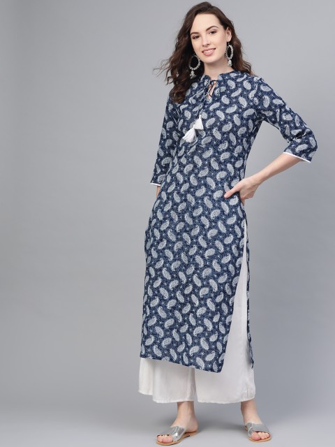 

AASI - HOUSE OF NAYO Women Navy Blue & White Printed Straight Kurta