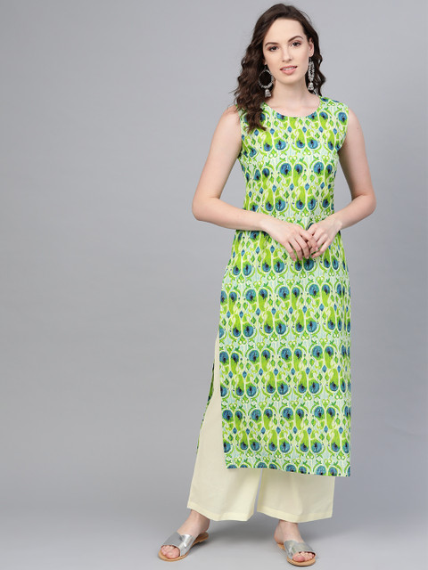 

AASI - HOUSE OF NAYO Women Green & Cream-Coloured Printed Kurta with Palazzos