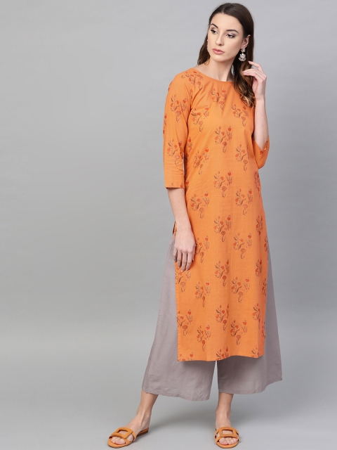 

AASI - HOUSE OF NAYO Women Orange & Grey Printed Straight Kurta with Palazzos