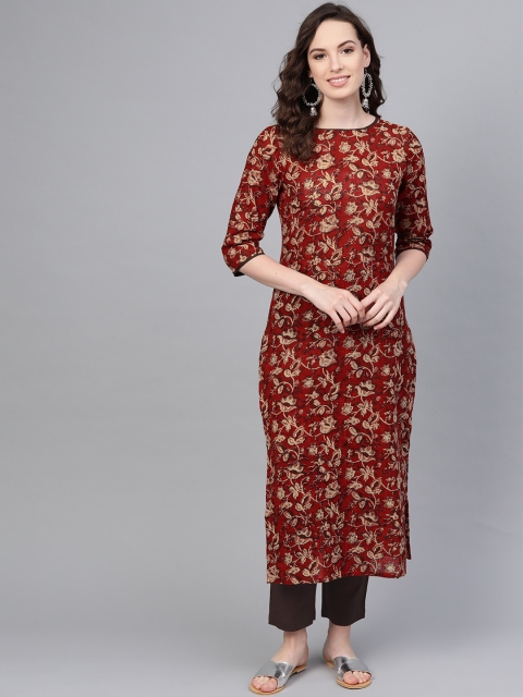 

AASI - HOUSE OF NAYO Women Maroon & Coffee Brown Printed Kurta with Trousers