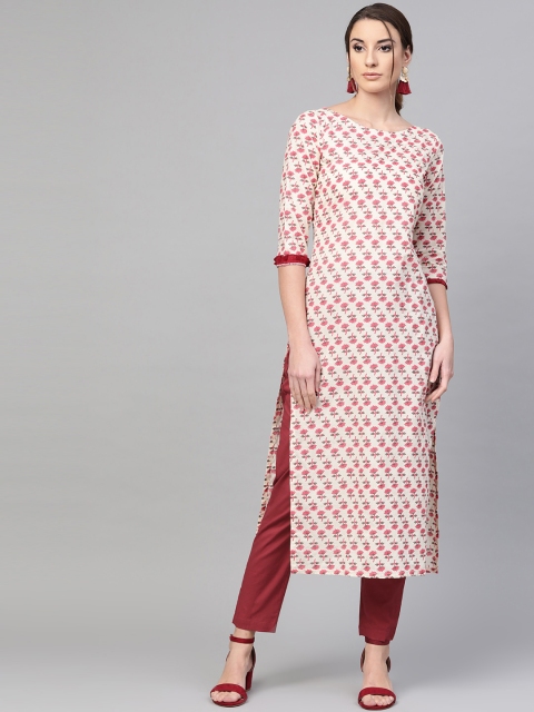 

AASI - HOUSE OF NAYO Women Off-White & Maroon Printed Kurta with Trousers